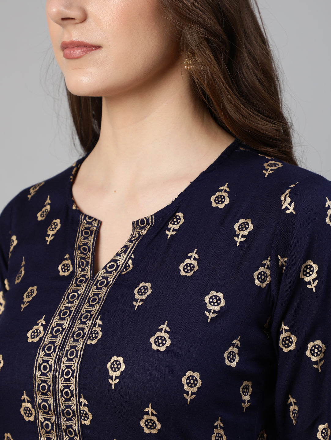 Navy Blue Gold Ethnic Printed Kurta With Palazzo And Sequance Dupatta