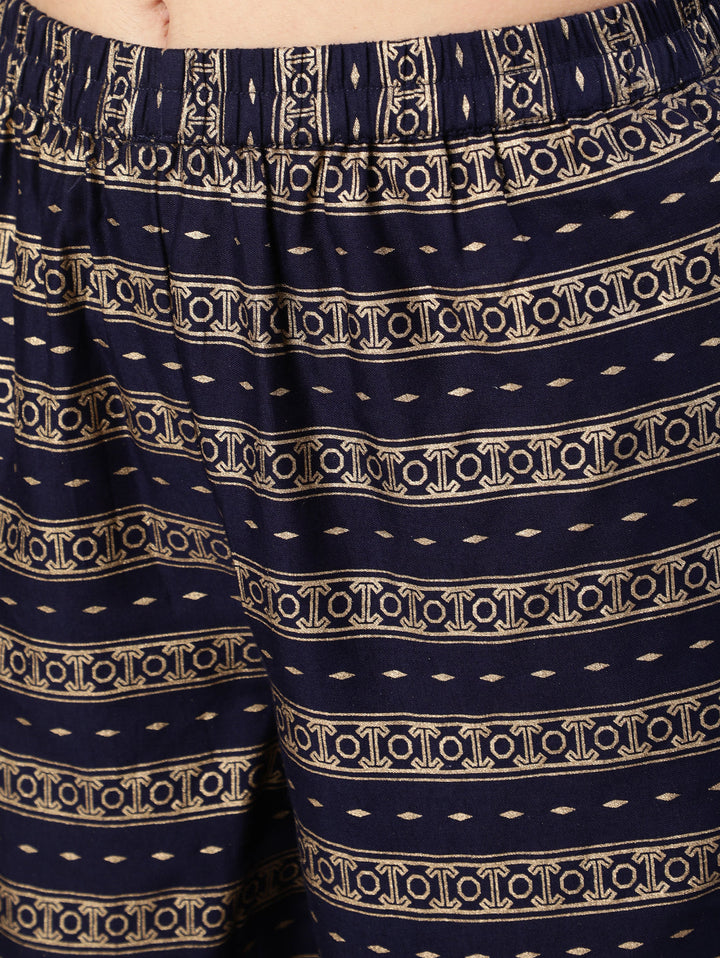 Navy Blue Gold Ethnic Printed Kurta With Palazzo And Sequance Dupatta