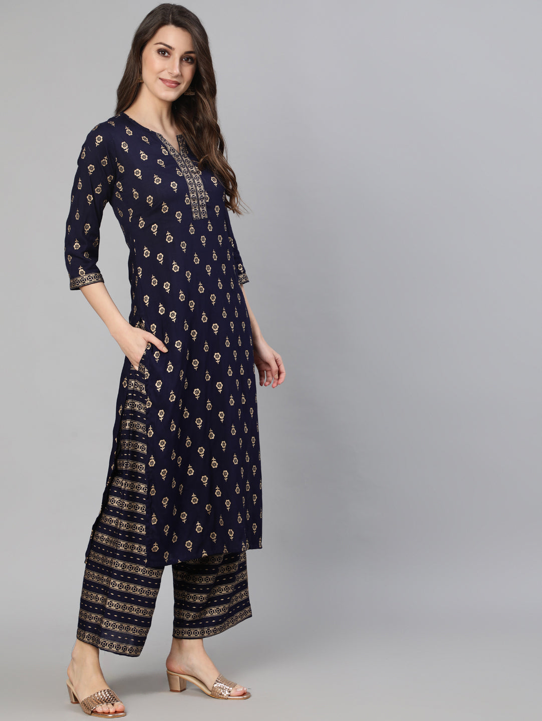Navy Blue Gold Ethnic Printed Kurta With Palazzo And Sequance Dupatta