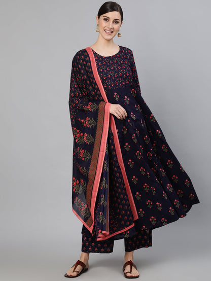 Navy Blue Ethnic Printed Flared Kurta With Trouser And Dupatta