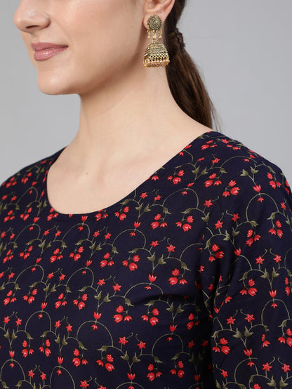 Navy Blue Ethnic Printed Flared Kurta With Trouser And Dupatta