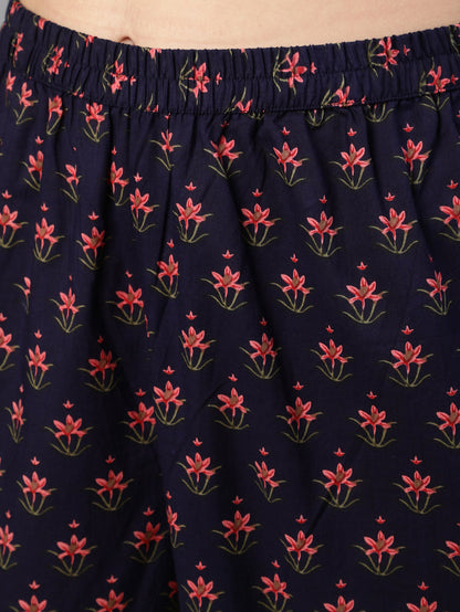 Navy Blue Ethnic Printed Flared Kurta With Trouser And Dupatta