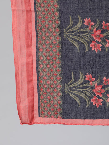 Navy Blue Ethnic Printed Flared Kurta With Trouser And Dupatta