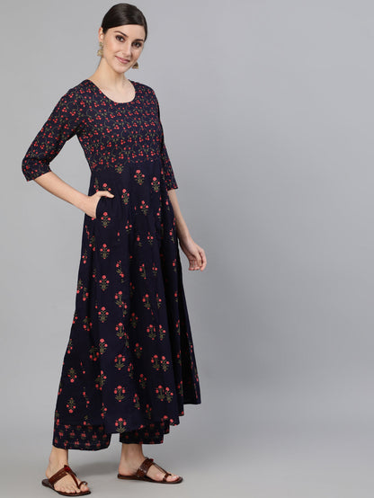Navy Blue Ethnic Printed Flared Kurta With Trouser And Dupatta