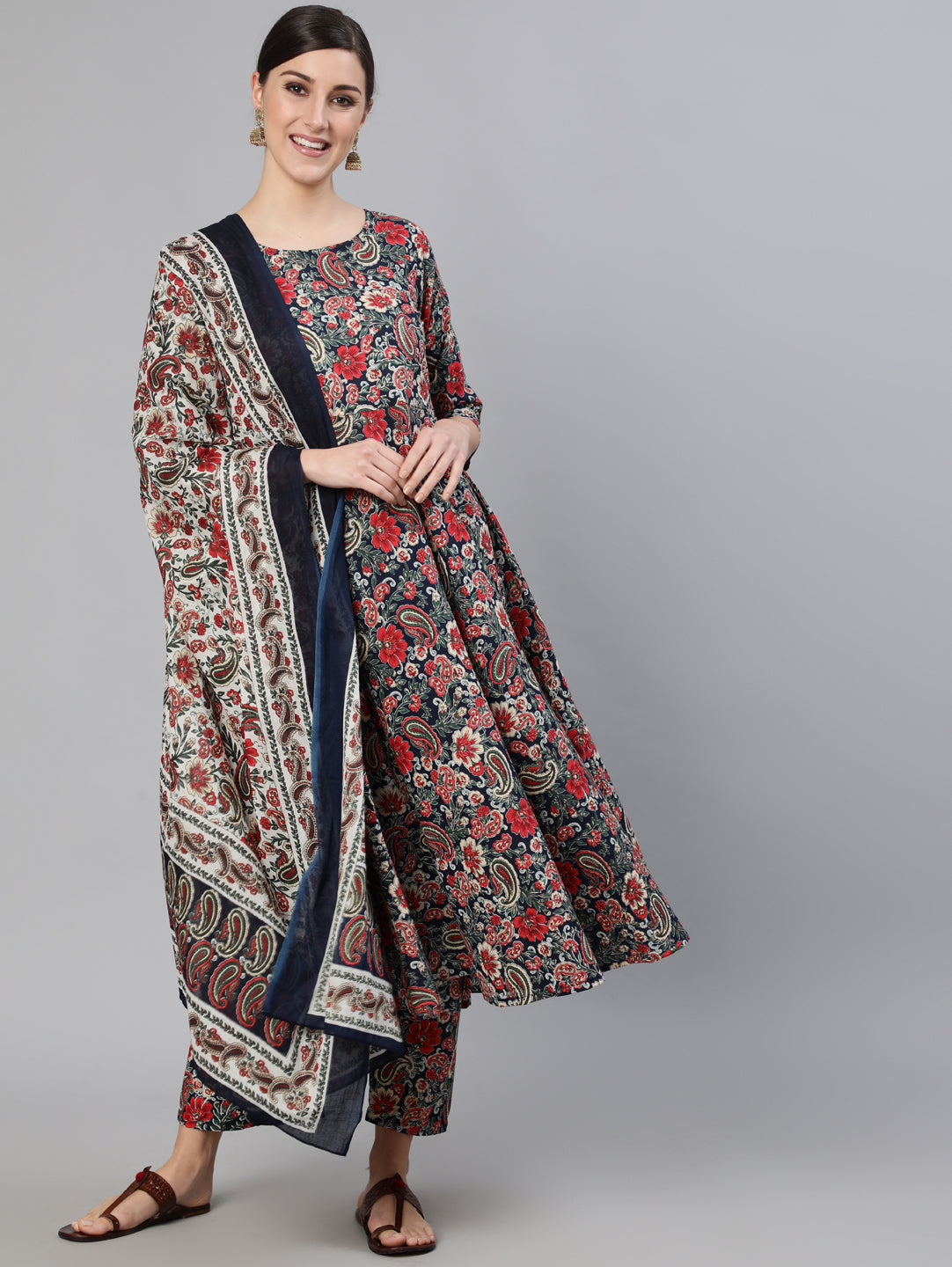 Multi Ethnic Printed Flared Kurta And Trouser With Dupatta