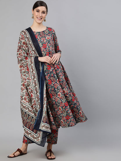 Multi Ethnic Printed Flared Kurta And Trouser With Dupatta