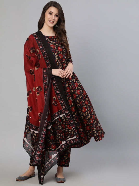 Black And Maroon Floral Printed Kurta With Trouser & Dupatta