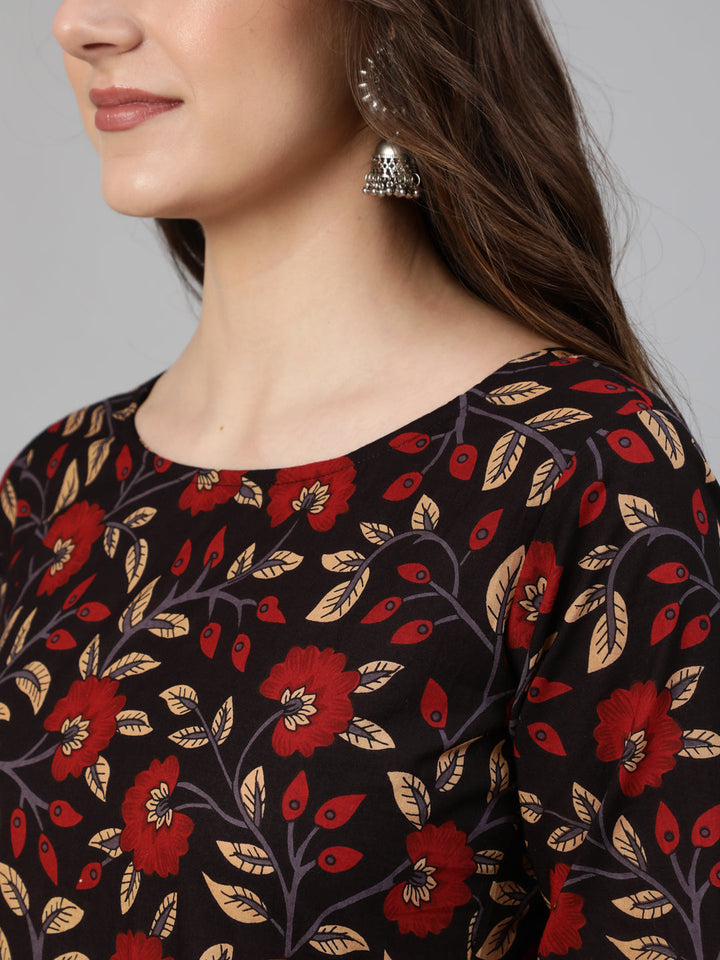 Black And Maroon Floral Printed Kurta With Trouser &amp; Dupatta
