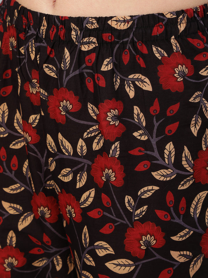 Black And Maroon Floral Printed Kurta With Trouser &amp; Dupatta