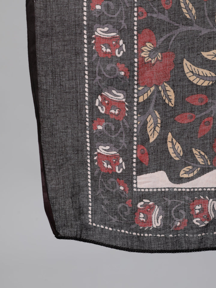 Black And Maroon Floral Printed Kurta With Trouser &amp; Dupatta