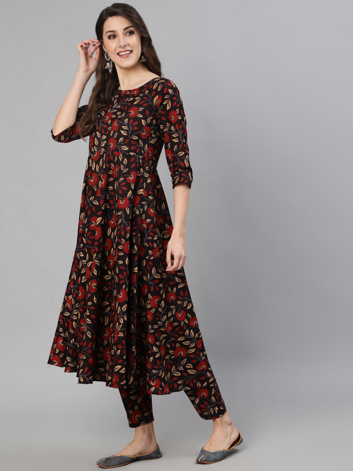 Black And Maroon Floral Printed Kurta With Trouser &amp; Dupatta