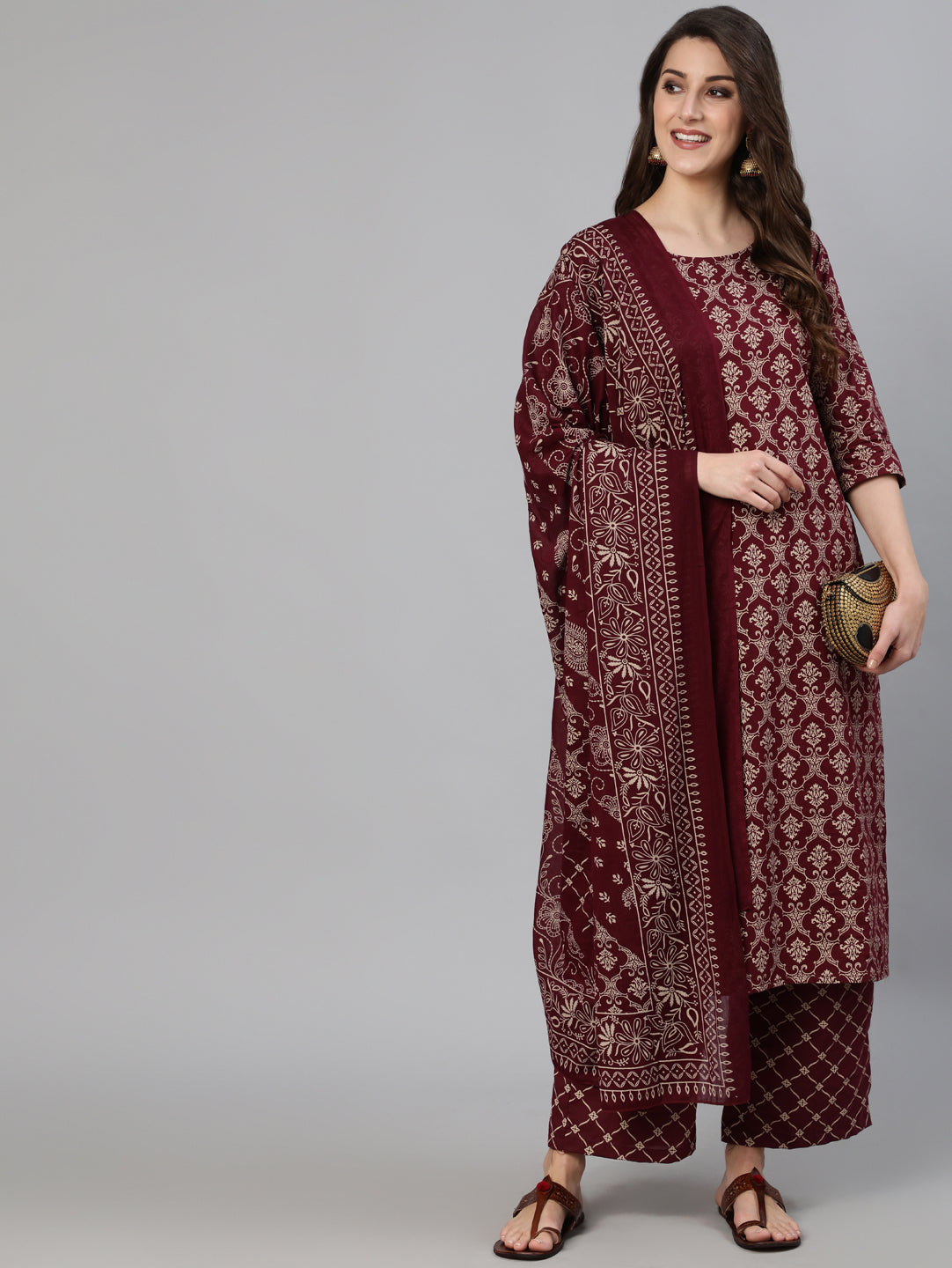 Maroon Ethnic Printed Kurta With Plazzo And Dupatta