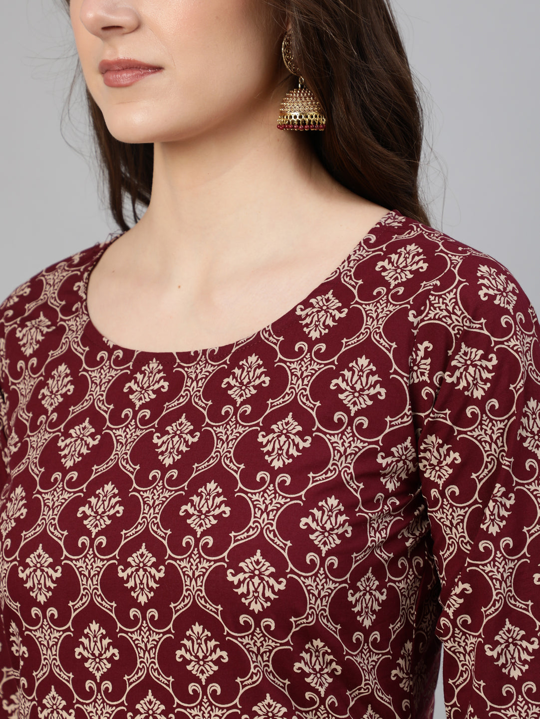 Maroon Ethnic Printed Kurta With Plazzo And Dupatta
