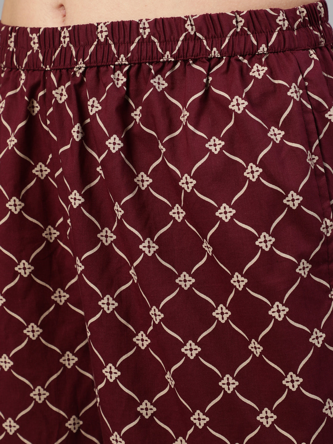 Maroon Ethnic Printed Kurta With Plazzo And Dupatta