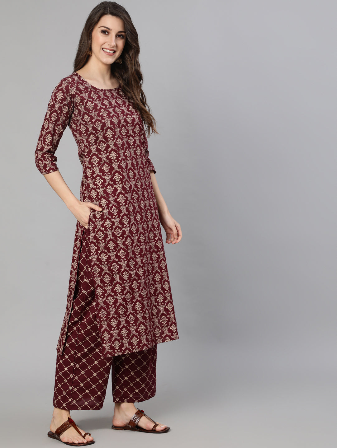 Maroon Ethnic Printed Kurta With Plazzo And Dupatta