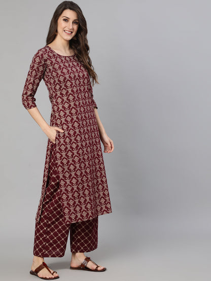 Maroon Ethnic Printed Kurta With Plazzo And Dupatta