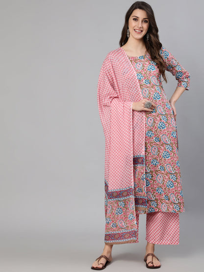 Beige & Pink Ethnic Floral Printed Kurta and Plazzo With Dupatta