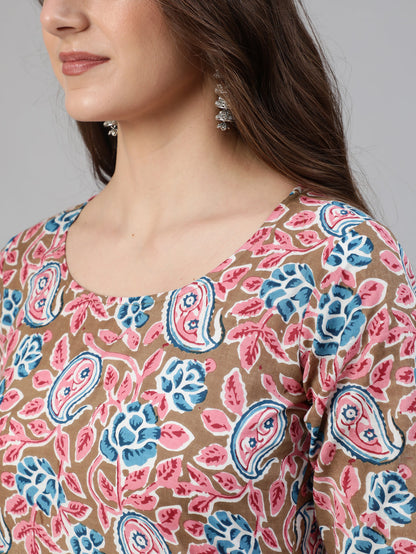 Beige & Pink Ethnic Floral Printed Kurta and Plazzo With Dupatta