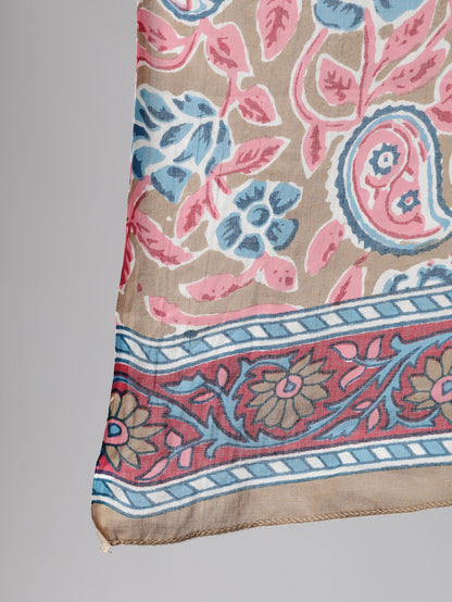 Beige & Pink Ethnic Floral Printed Kurta and Plazzo With Dupatta
