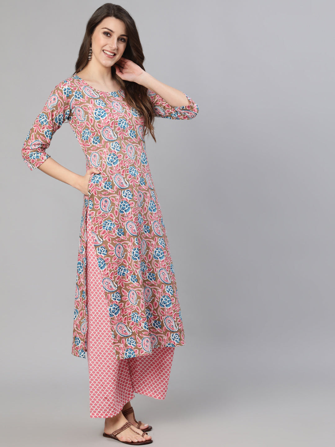 Beige &amp; Pink Ethnic Floral Printed Kurta and Plazzo With Dupatta
