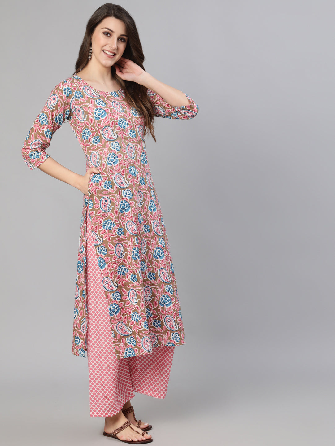 Beige & Pink Ethnic Floral Printed Kurta and Plazzo With Dupatta