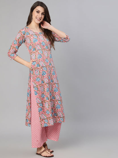 Beige & Pink Ethnic Floral Printed Kurta and Plazzo With Dupatta
