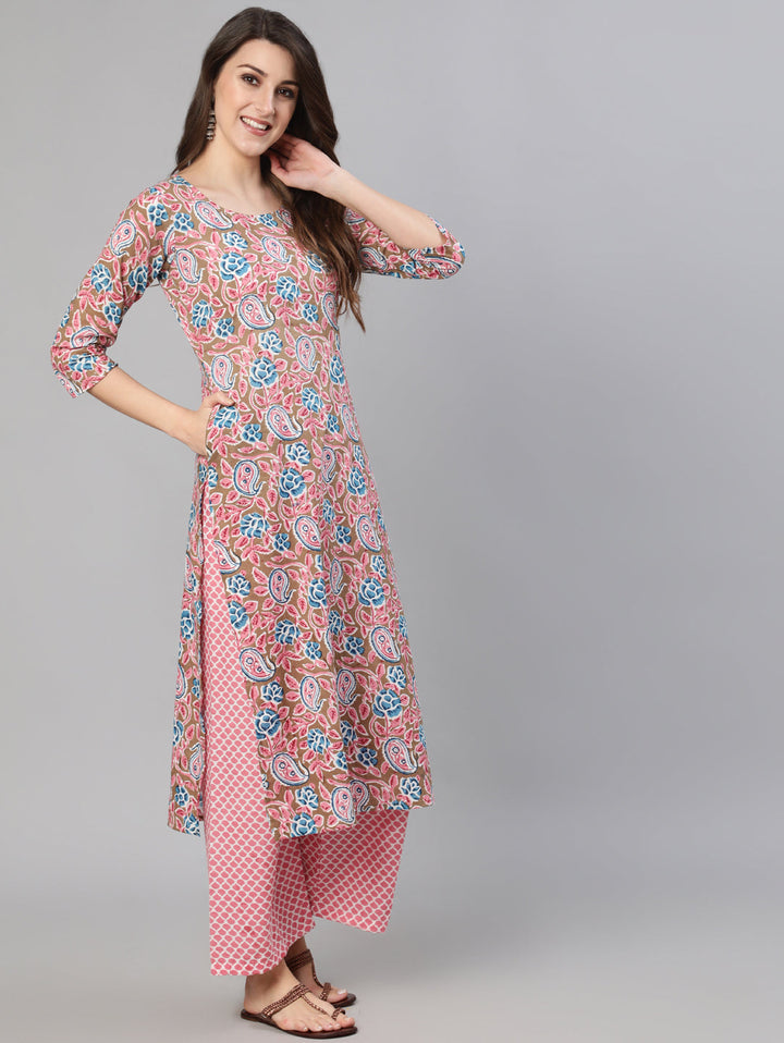 Beige &amp; Pink Ethnic Floral Printed Kurta and Plazzo With Dupatta