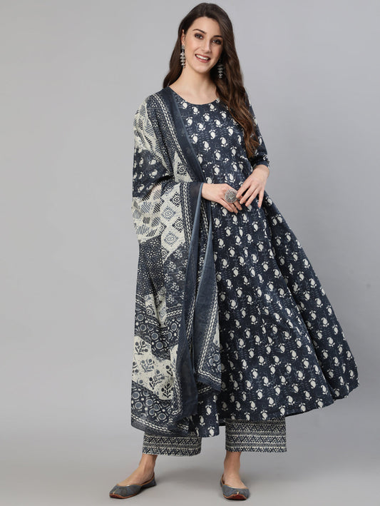 Blue Ethnic Printed Flared kurta With Trouser And Dupatta