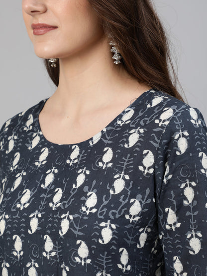 Blue Ethnic Printed Flared kurta With Trouser And Dupatta