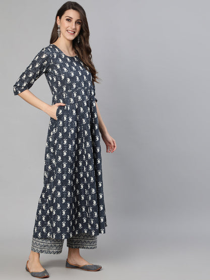 Blue Ethnic Printed Flared kurta With Trouser And Dupatta