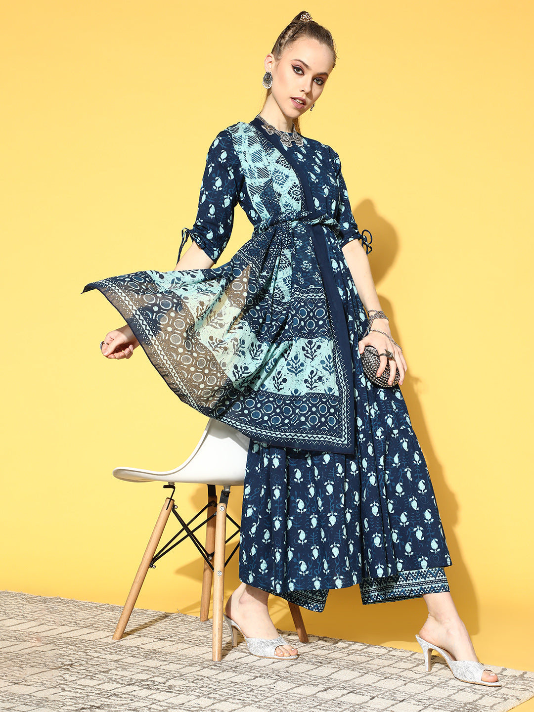 Blue Tiered Kurta With Plazo &amp; Dupatta