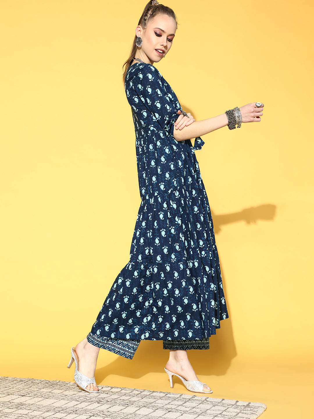 Blue Tiered Kurta With Plazo &amp; Dupatta