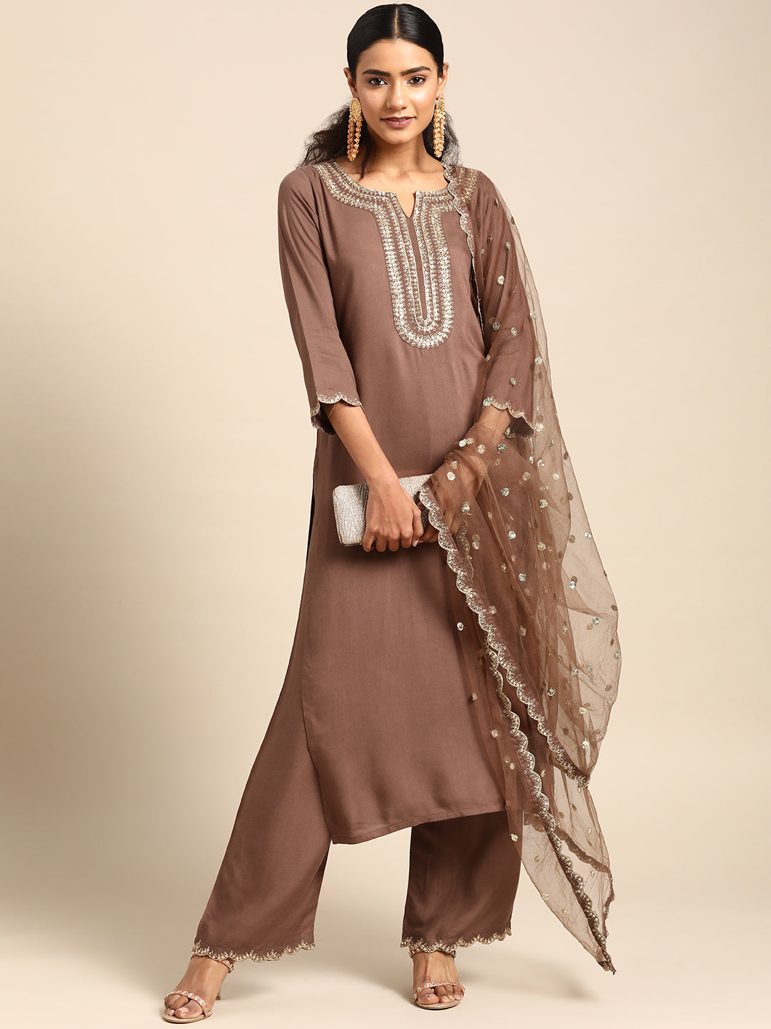 Taupe Embroidered Kurta With Plazo &amp; Dupatta
