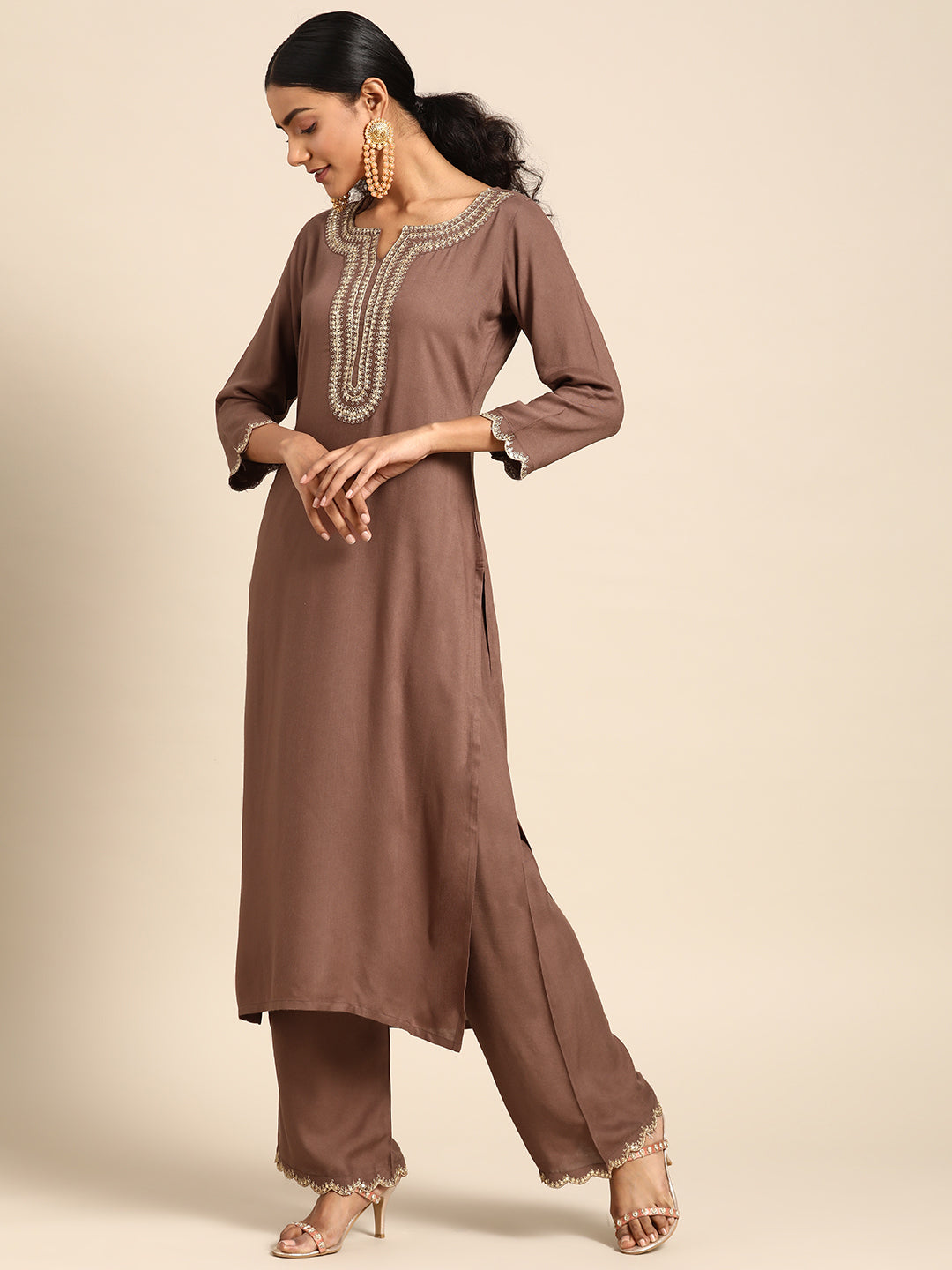 Taupe Embroidered Kurta With Plazo &amp; Dupatta