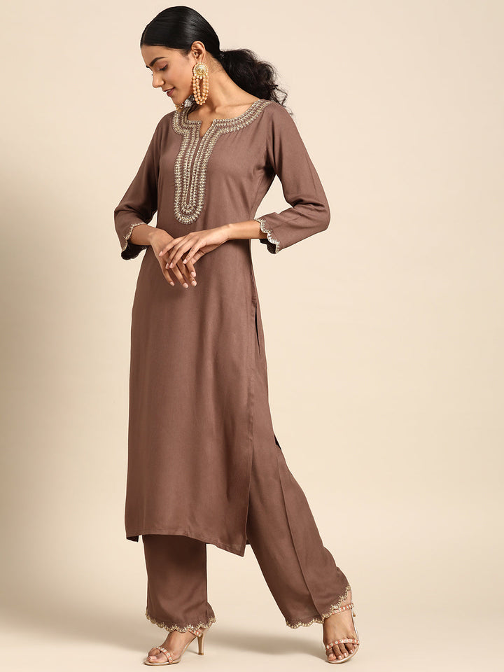 Taupe Embroidered Kurta With Plazo &amp; Dupatta