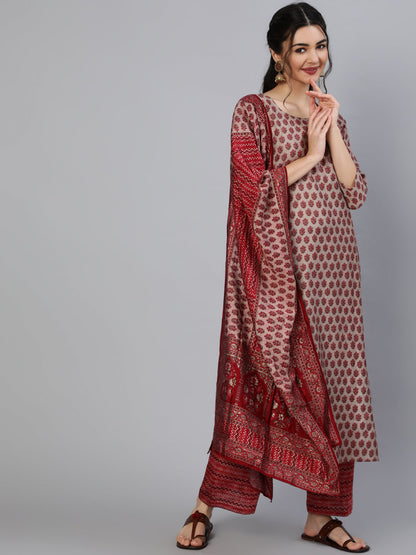 Maroon Ethnic Printed Kurta With Plazzo And Dupatta