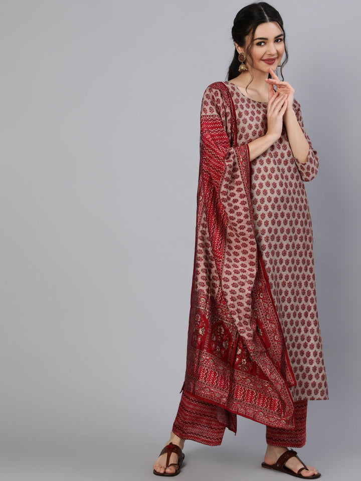 Maroon Ethnic Printed Kurta With Plazzo And Dupatta