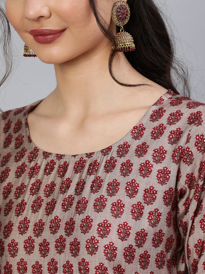Maroon Ethnic Printed Kurta With Plazzo And Dupatta
