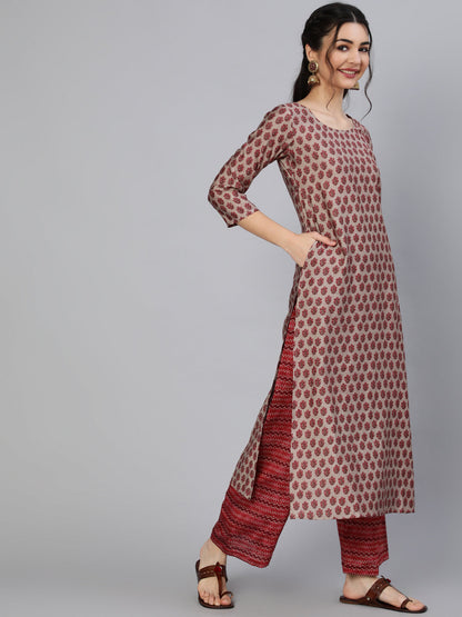 Maroon Ethnic Printed Kurta With Plazzo And Dupatta