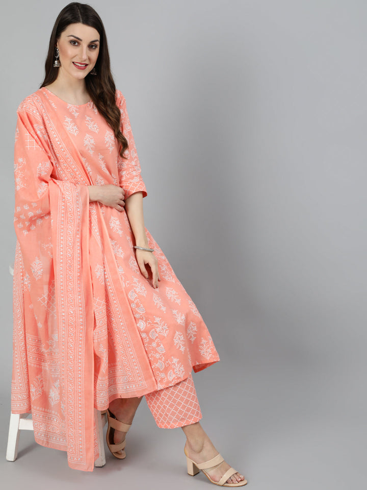 Peach Printed Kurta With Palazzo And Dupatta