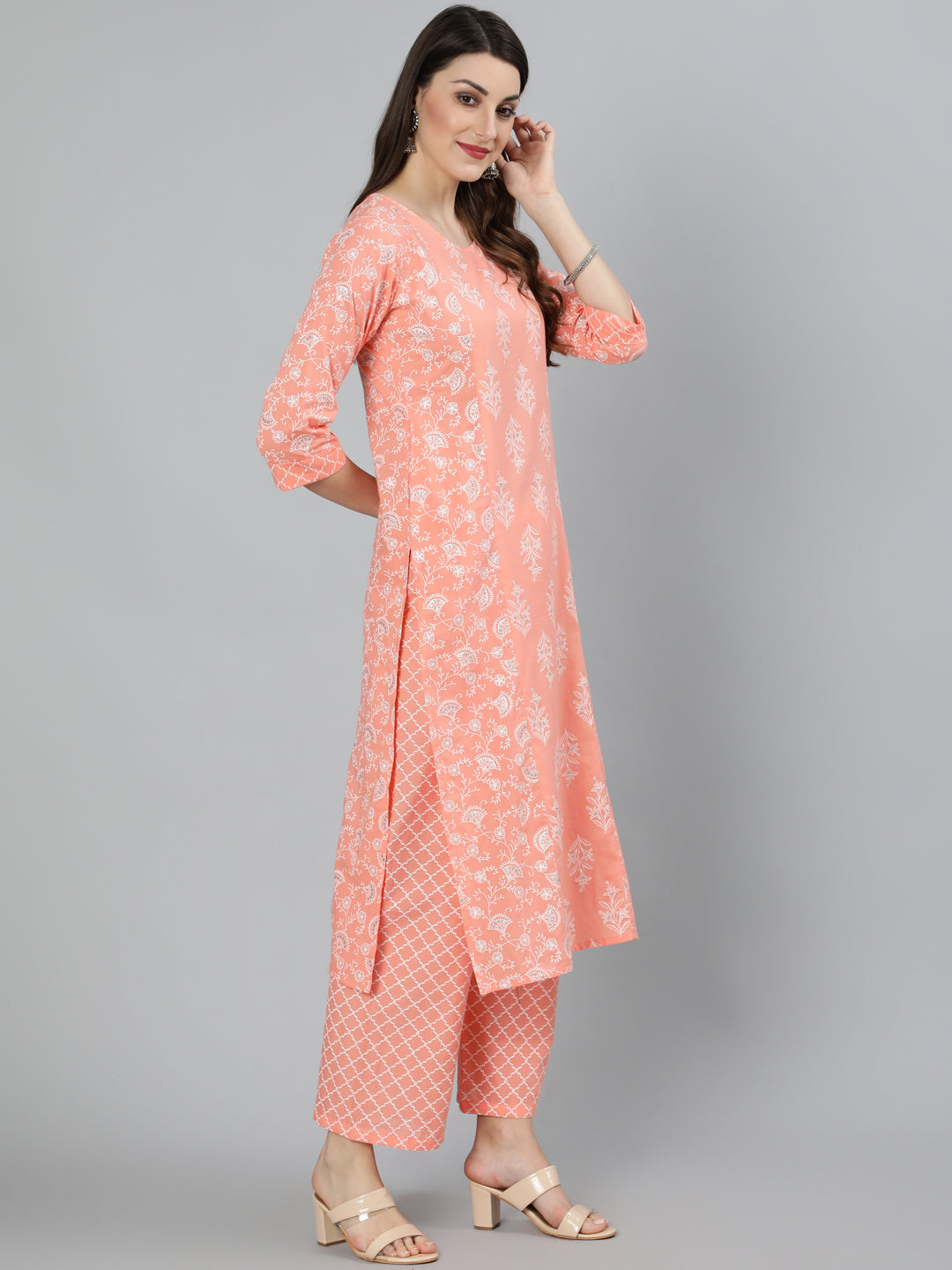 Peach Printed Kurta With Palazzo And Dupatta
