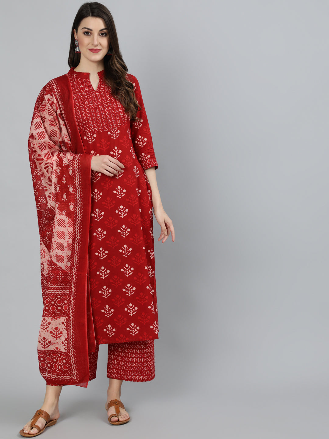 Red Printed Straight Kurta With Palazzo And Dupatta