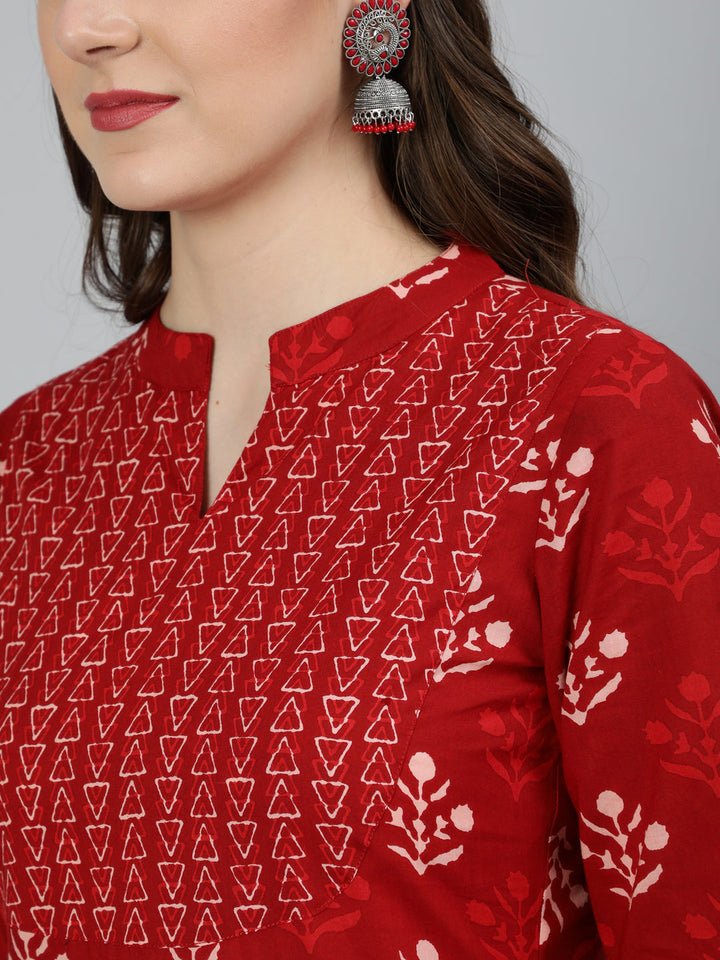 Red Printed Straight Kurta With Palazzo And Dupatta