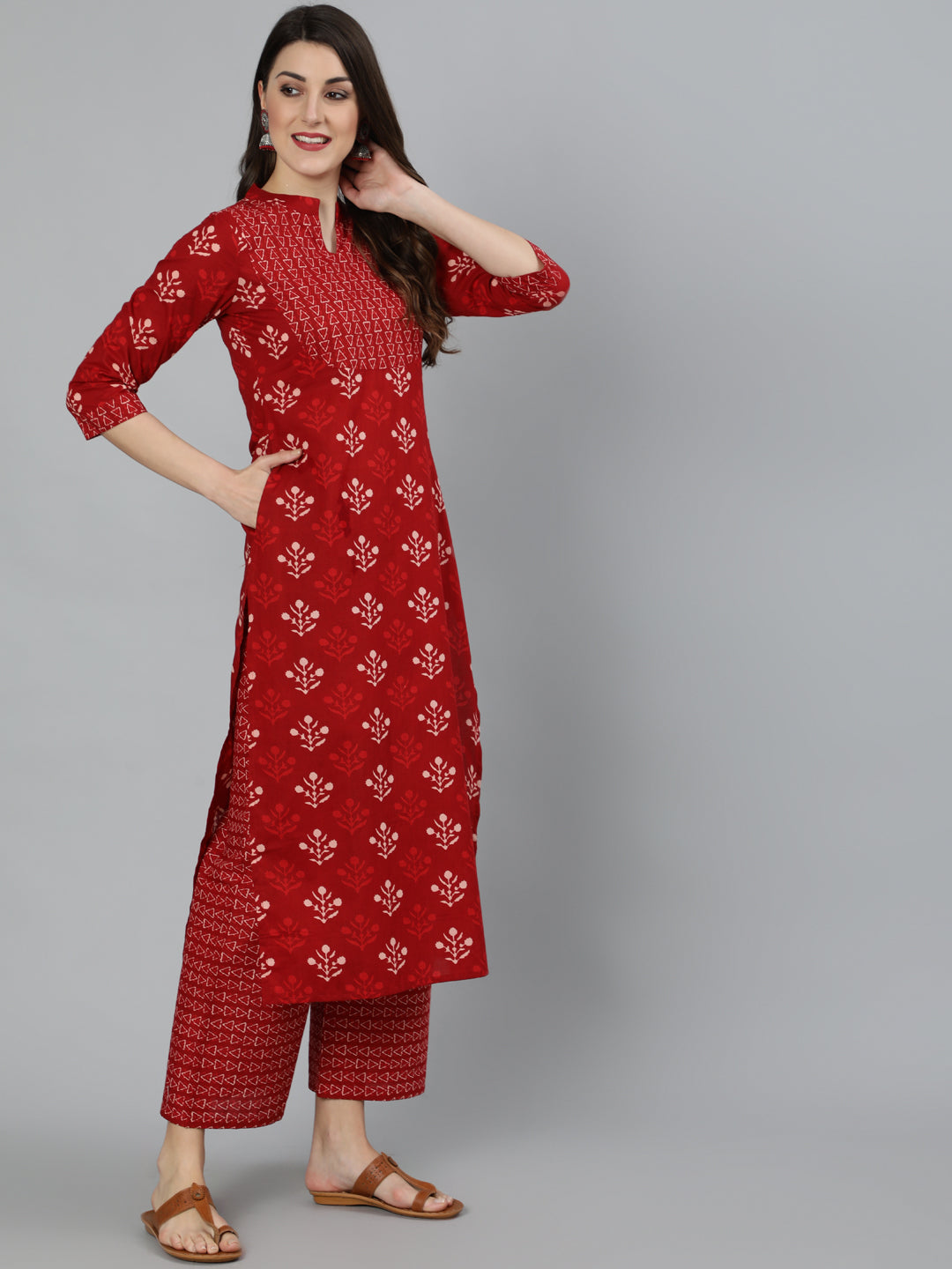 Red Printed Straight Kurta With Palazzo And Dupatta