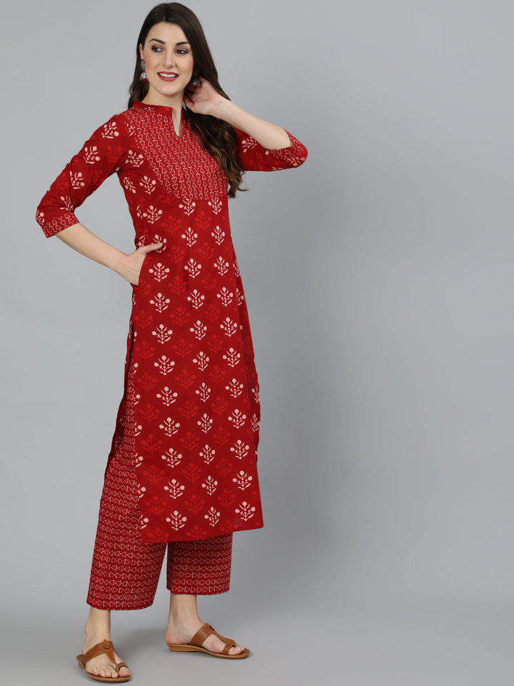 Red Printed Straight Kurta With Palazzo And Dupatta