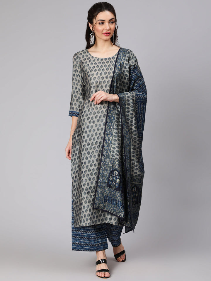 Grey Ethnic Printed Kurta With Plazzo And Dupatta