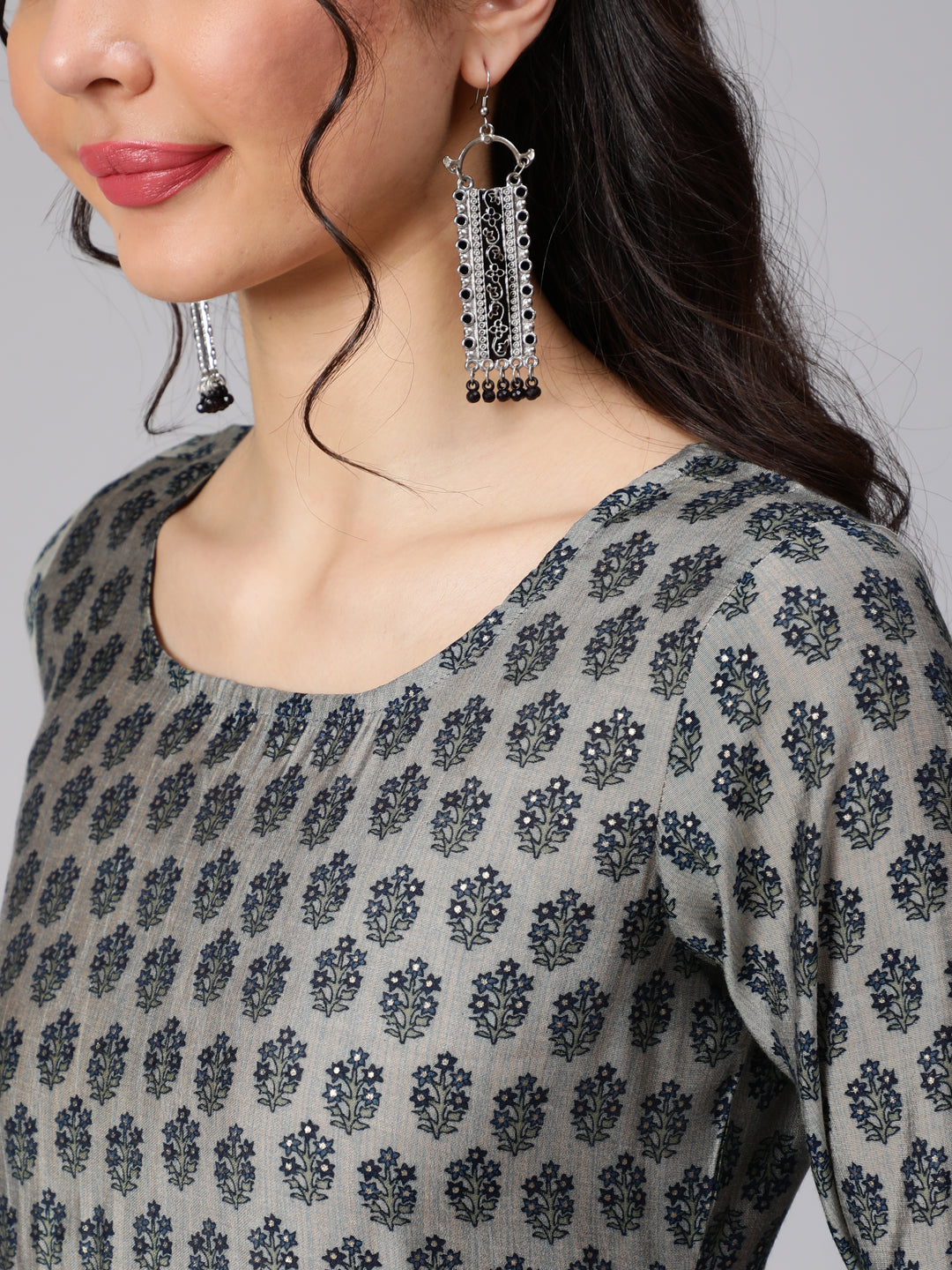 Grey Ethnic Printed Kurta With Plazzo And Dupatta
