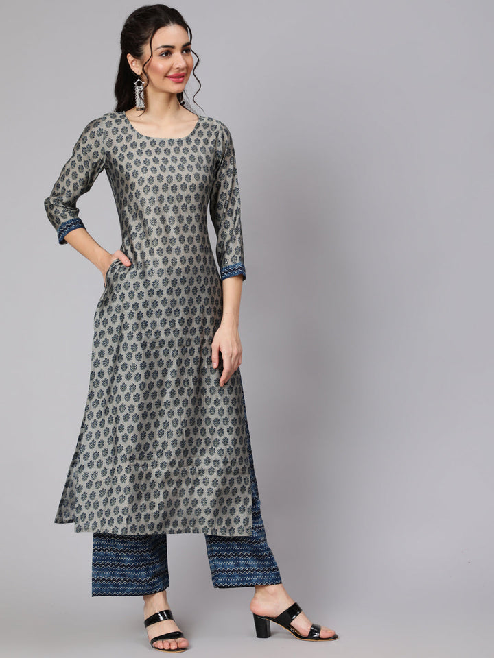Grey Ethnic Printed Kurta With Plazzo And Dupatta