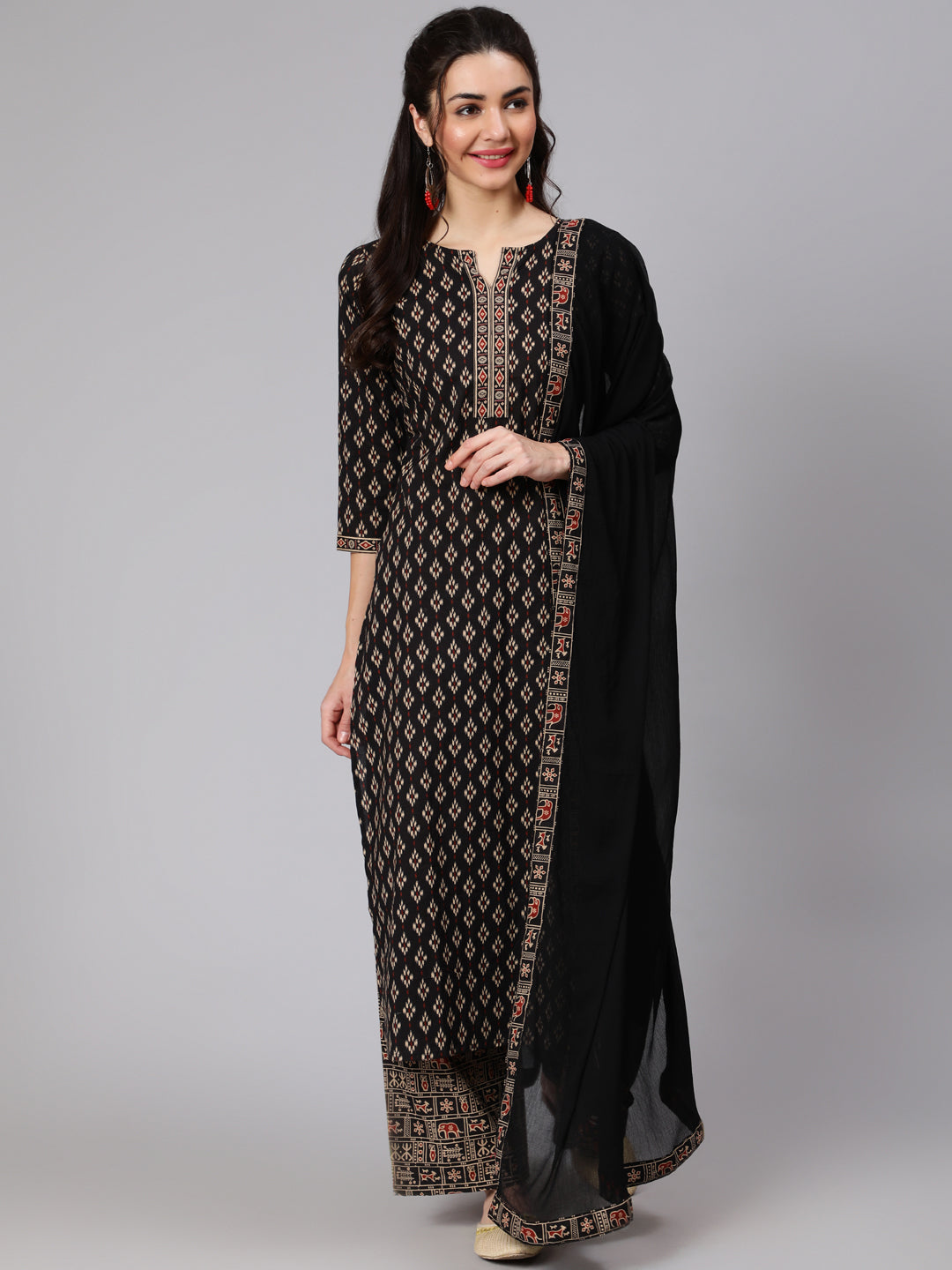 Black Ethnic Printed Kurta With Palazzo and Dupatta