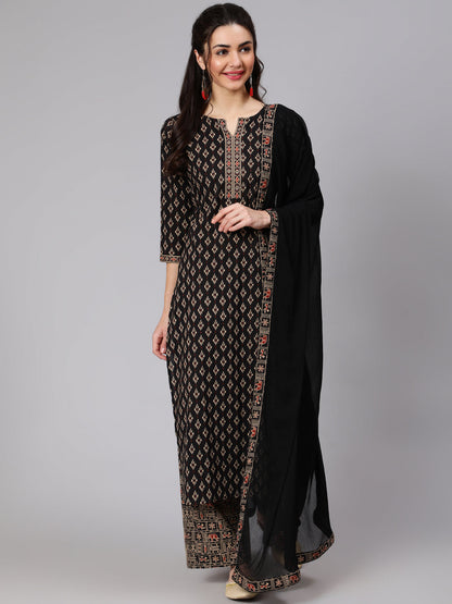 Black Ethnic Printed Kurta With Palazzo and Dupatta